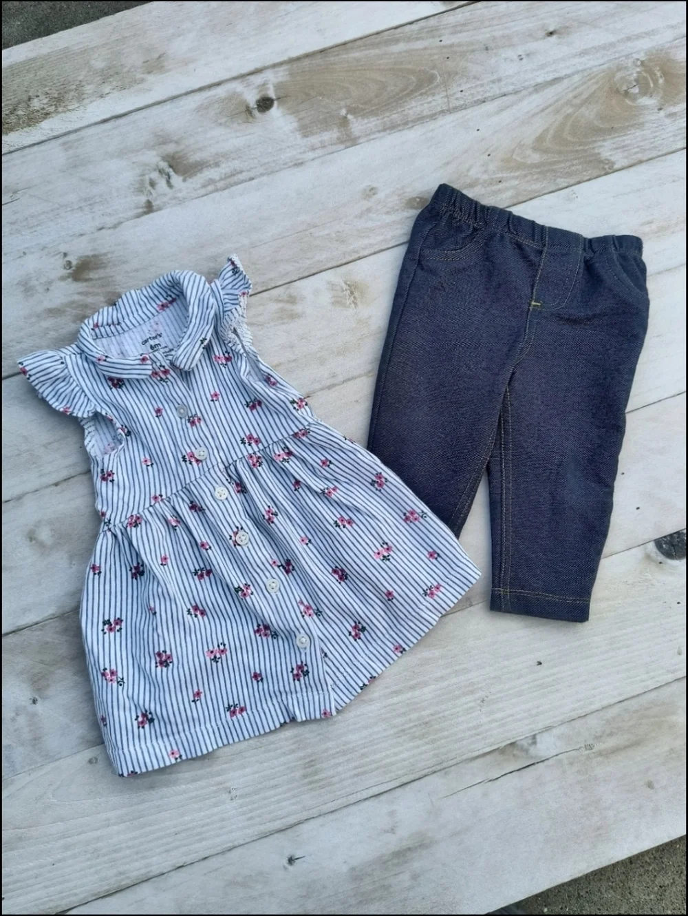 Carter's Baby Girl Floral Stripe Ruffle Button Top With Blue Pants Size 6 Months